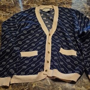 Gucci Women's Blue and Cream Cardigan